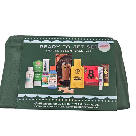 Ready To Jet Set Travel Essentials Kit Green Canvas Carry Case 10 Piece Set NEW - Picture 1 of 10